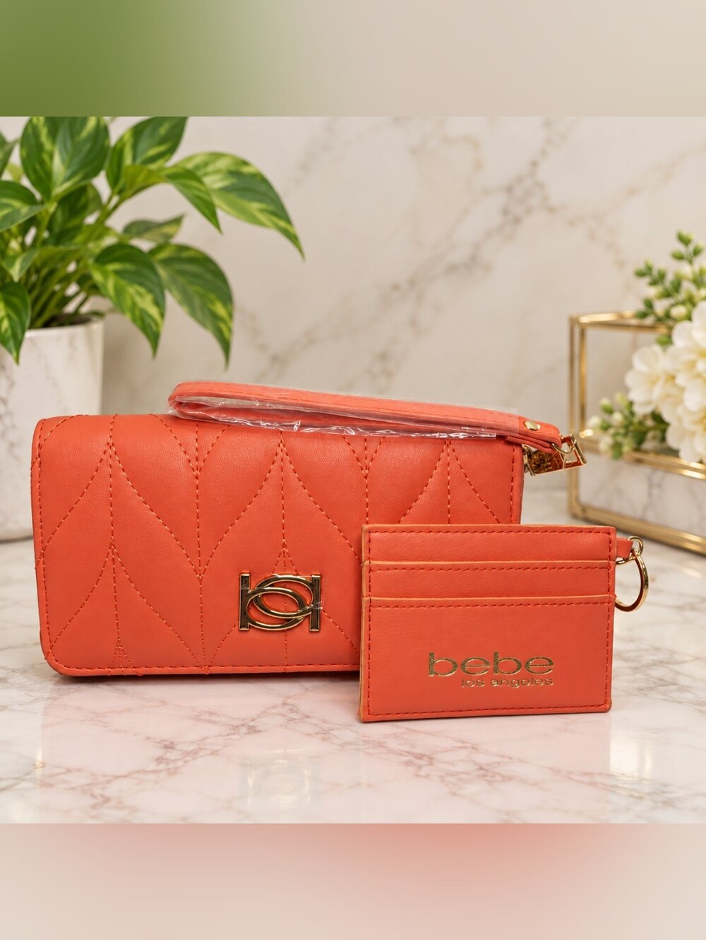 bebe Quilted Wristlet Wallet Card Holder Set NWT Coral